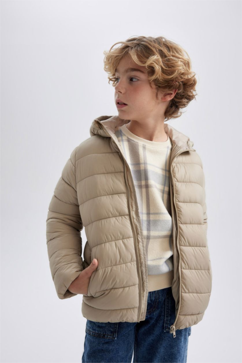 Erkek Çocuk - Genç Erkek Açık Bej Erkek Çocuk Su İtici Kapüşonlu Basic Düz Şişme Mont