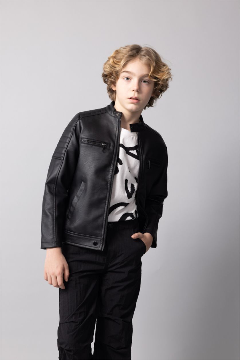BOYS & TEENS Black Boy Waterproof Half Turtleneck Faux Leather Jacket