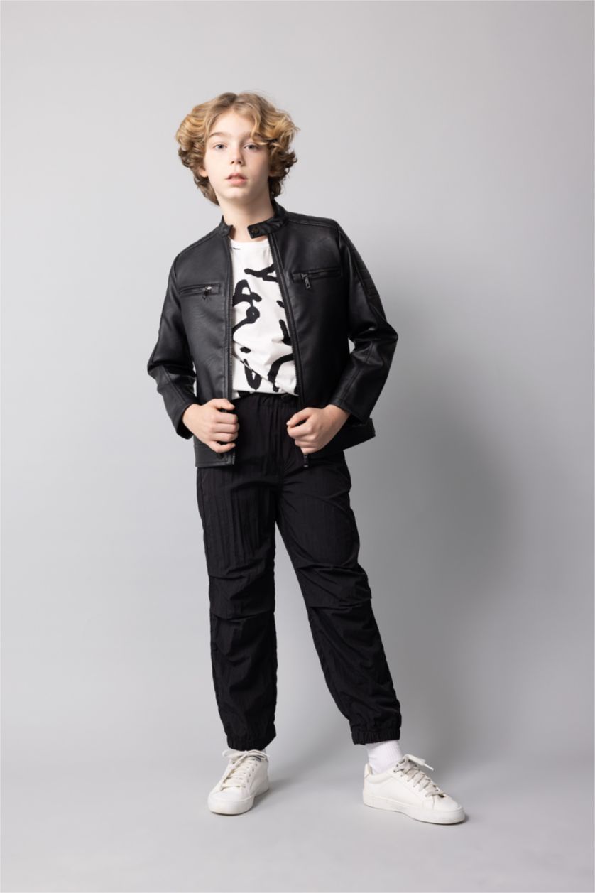 BOYS & TEENS Black Boy Waterproof Half Turtleneck Faux Leather Jacket