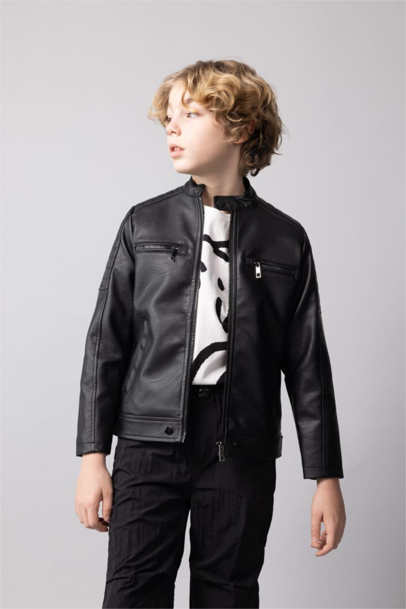 BOYS & TEENS Black Boy Waterproof Half Turtleneck Faux Leather Jacket