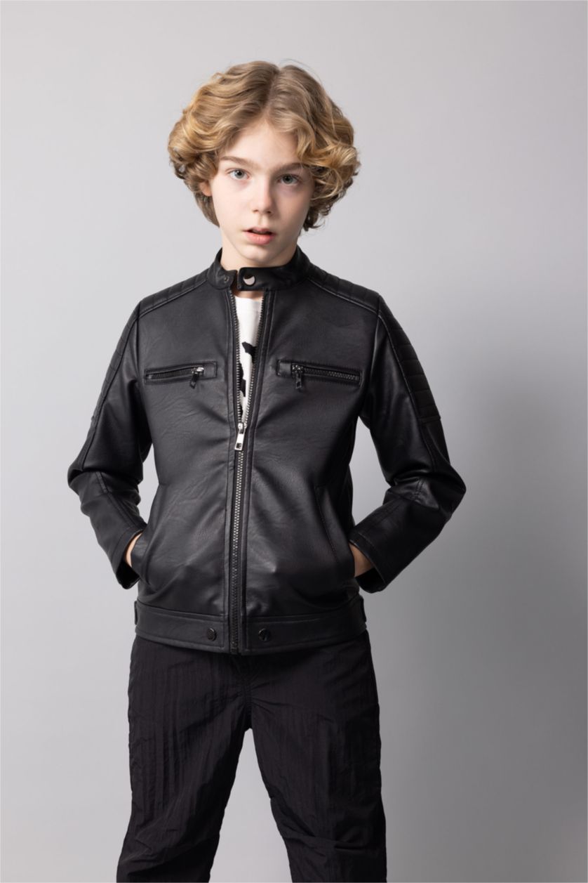 BOYS & TEENS Black Boy Waterproof Half Turtleneck Faux Leather Jacket