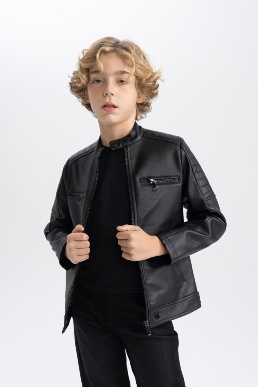 BOYS & TEENS Black Boy Waterproof Half Turtleneck Faux Leather Jacket