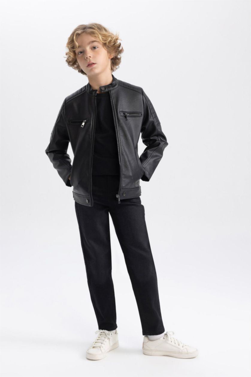 BOYS & TEENS Black Boy Waterproof Half Turtleneck Faux Leather Jacket