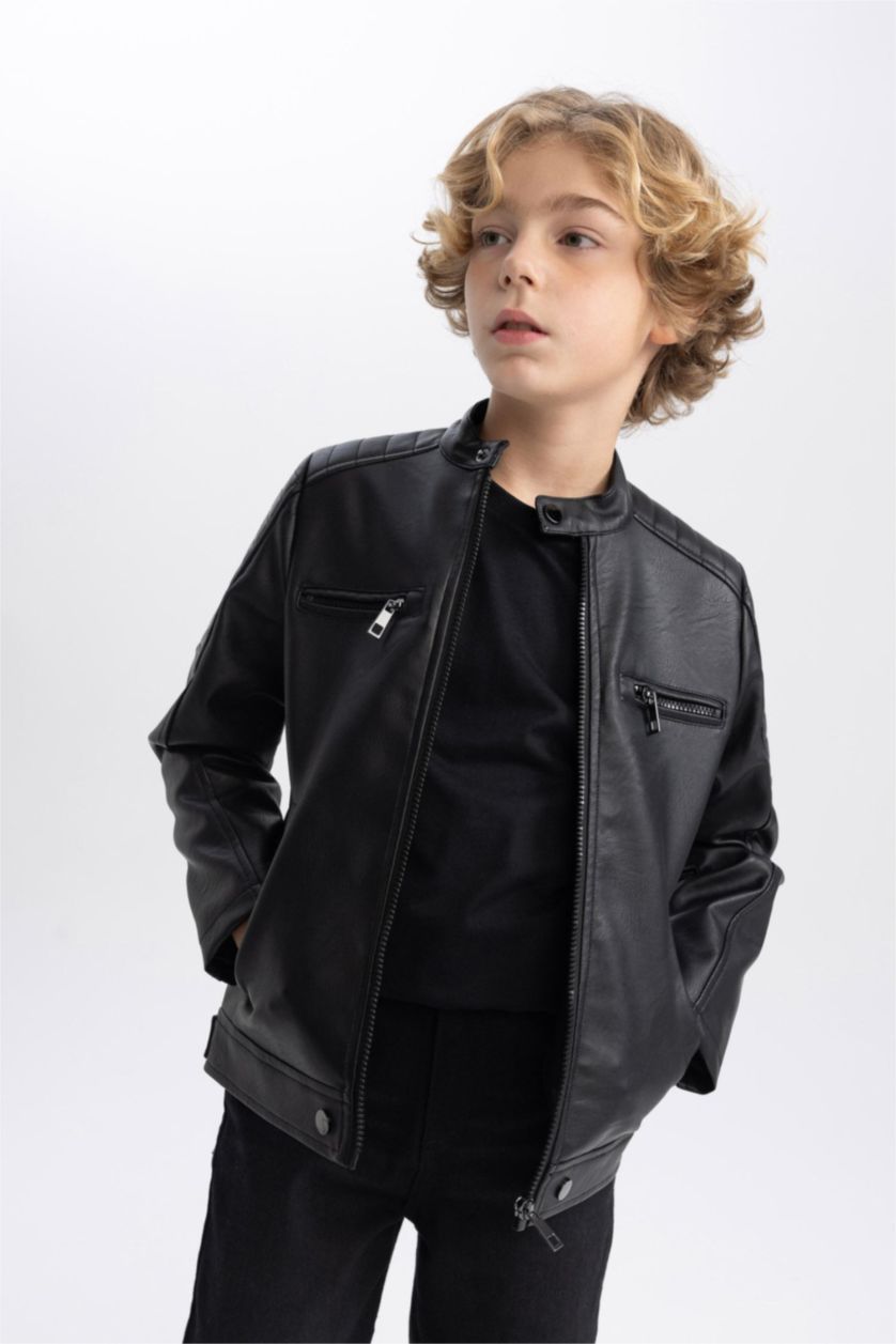 BOYS & TEENS Black Boy Waterproof Half Turtleneck Faux Leather Jacket