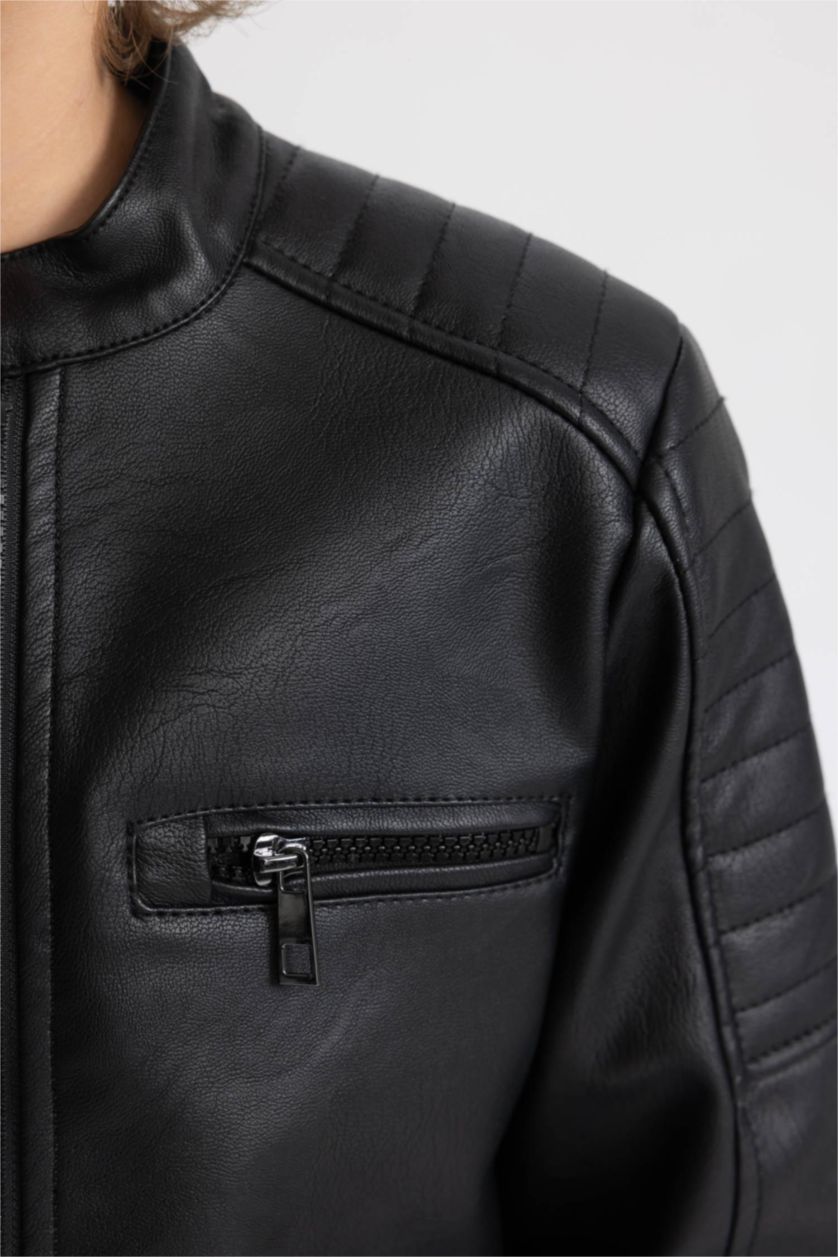 BOYS & TEENS Black Boy Waterproof Half Turtleneck Faux Leather Jacket