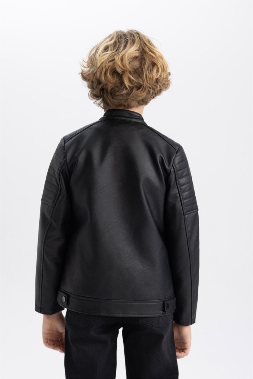 BOYS & TEENS Black Boy Waterproof Half Turtleneck Faux Leather Jacket