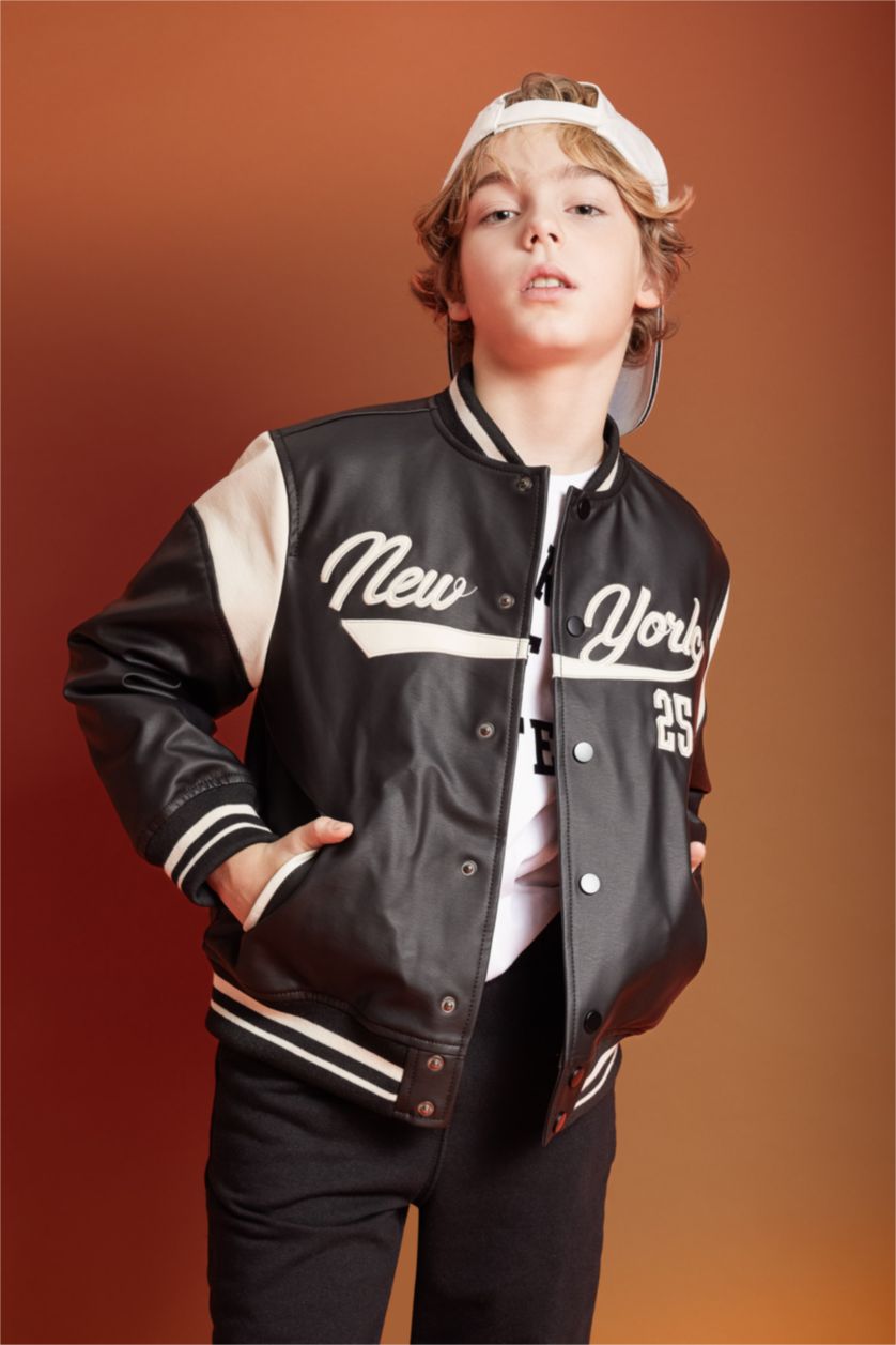 BOYS & TEENS Black Boy College Collar Faux Leather Waterproof Bomber Jacket