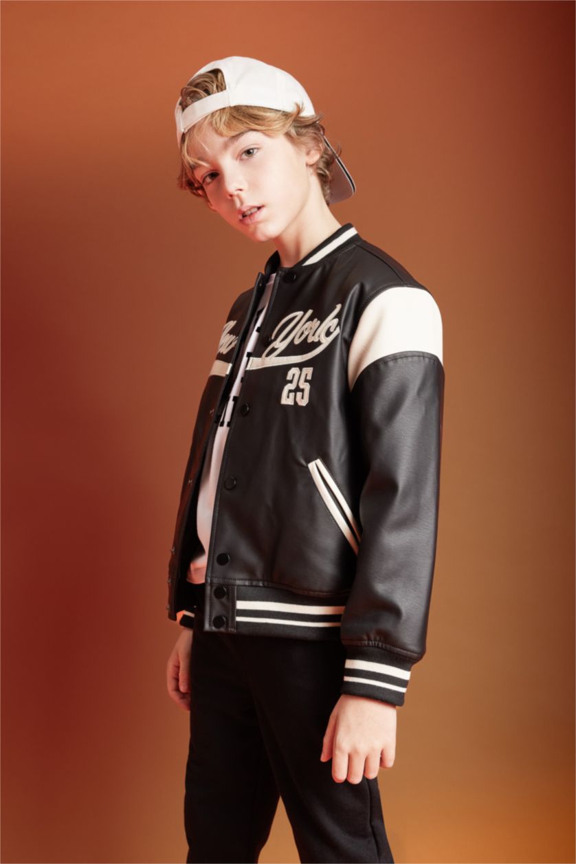 BOYS & TEENS Black Boy College Collar Faux Leather Waterproof Bomber Jacket