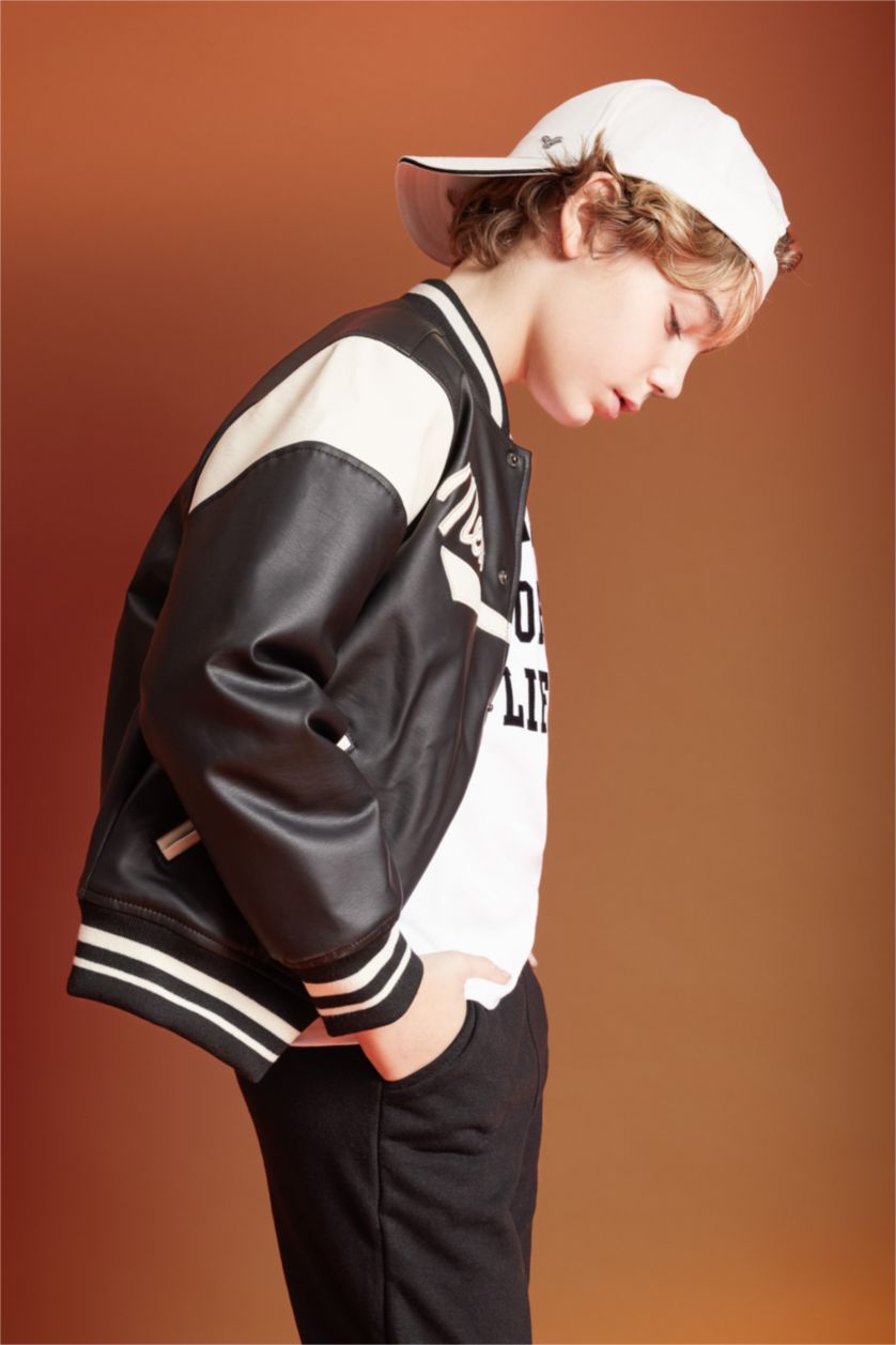 BOYS & TEENS Black Boy College Collar Faux Leather Waterproof Bomber Jacket