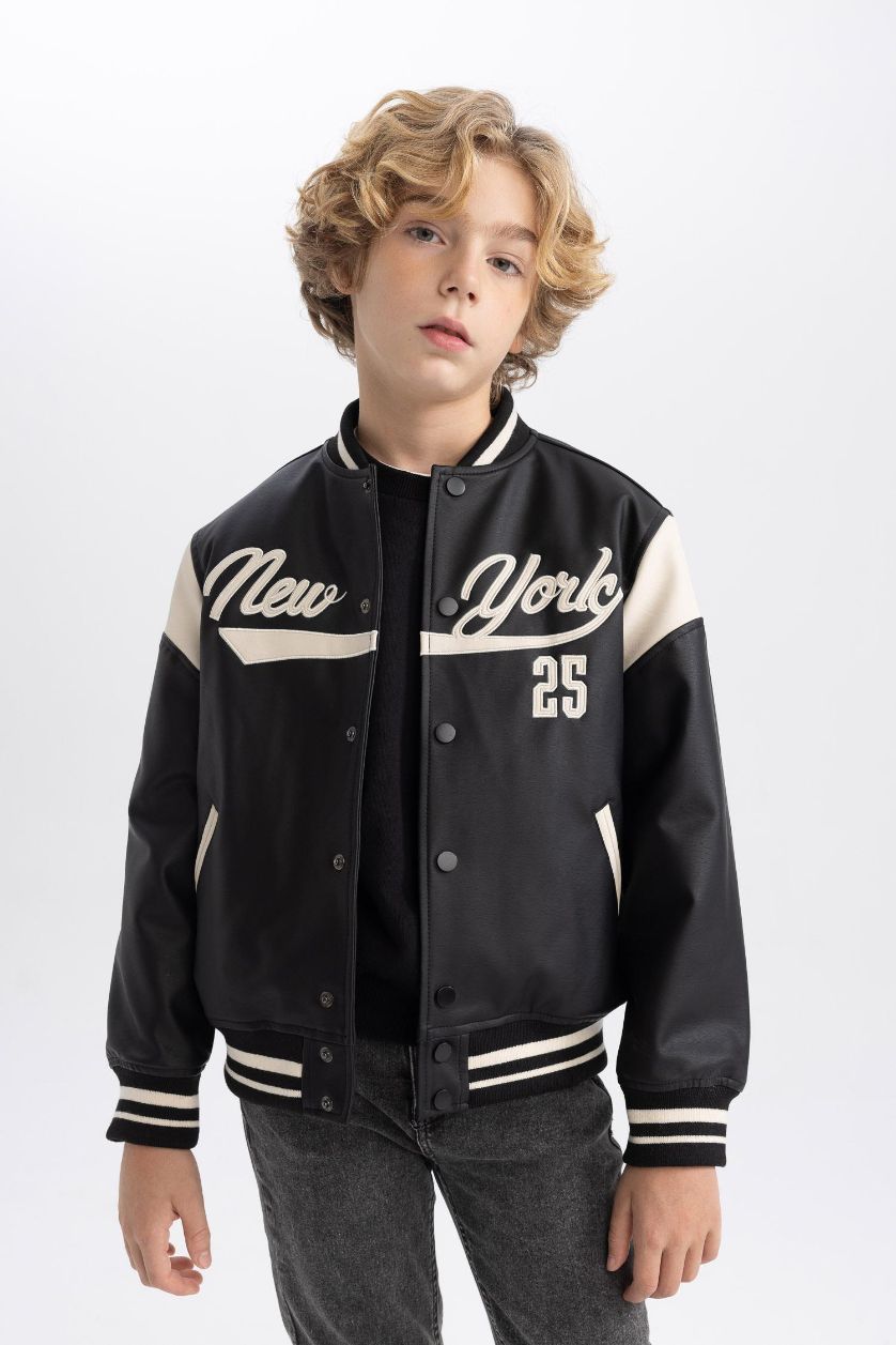 BOYS & TEENS Black Boy College Collar Faux Leather Waterproof Bomber Jacket