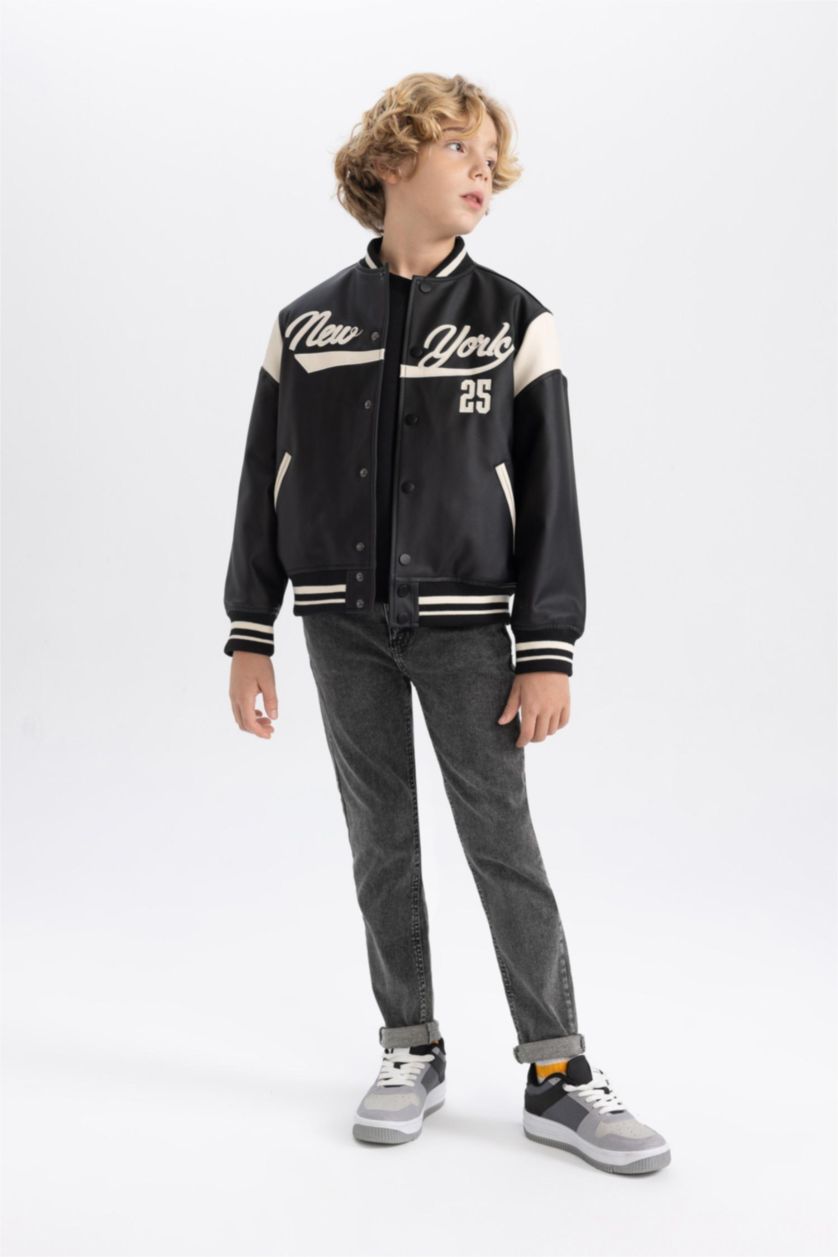 BOYS & TEENS Black Boy College Collar Faux Leather Waterproof Bomber Jacket