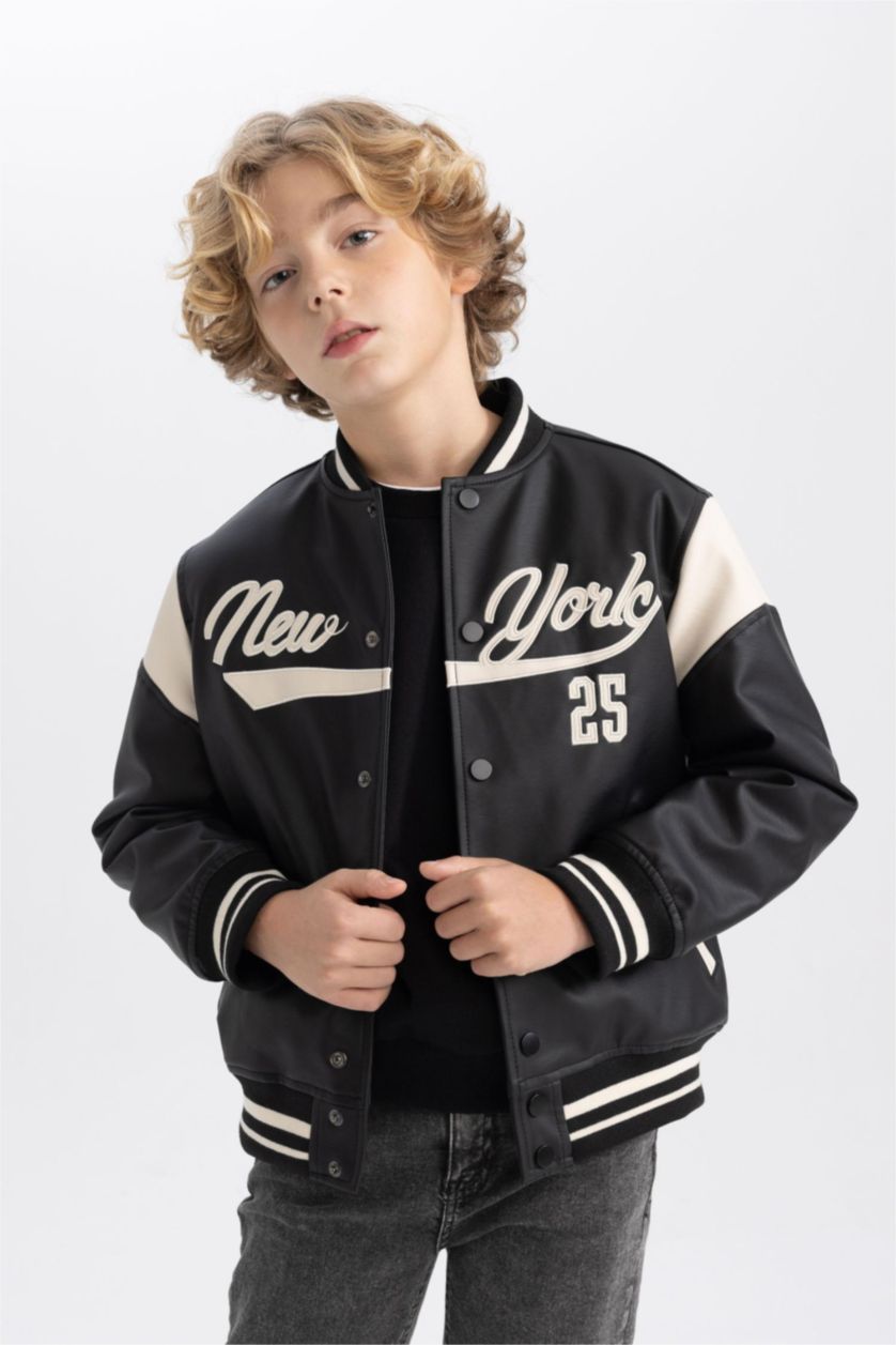 BOYS & TEENS Black Boy College Collar Faux Leather Waterproof Bomber Jacket