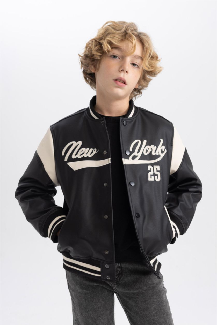 BOYS & TEENS Black Boy College Collar Faux Leather Waterproof Bomber Jacket