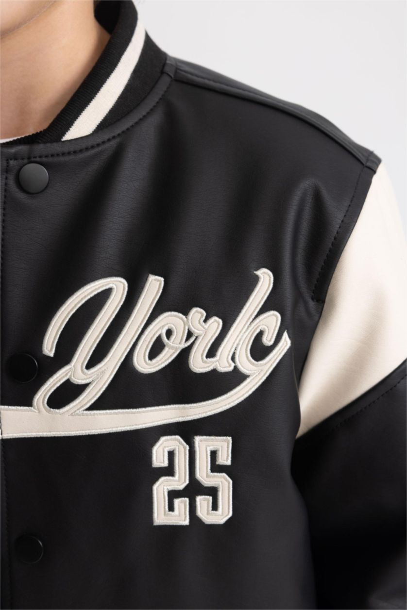 BOYS & TEENS Black Boy College Collar Faux Leather Waterproof Bomber Jacket