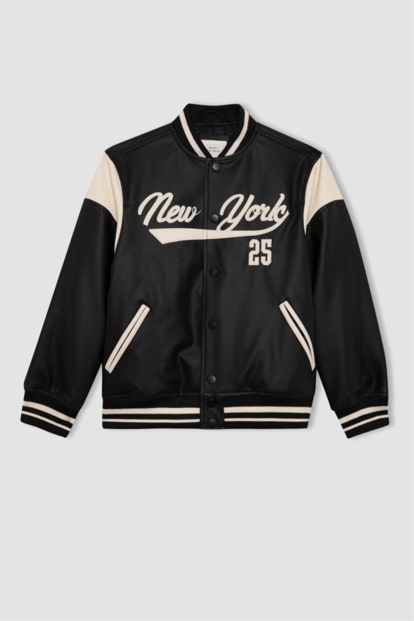 BOYS & TEENS Black Boy College Collar Faux Leather Waterproof Bomber Jacket