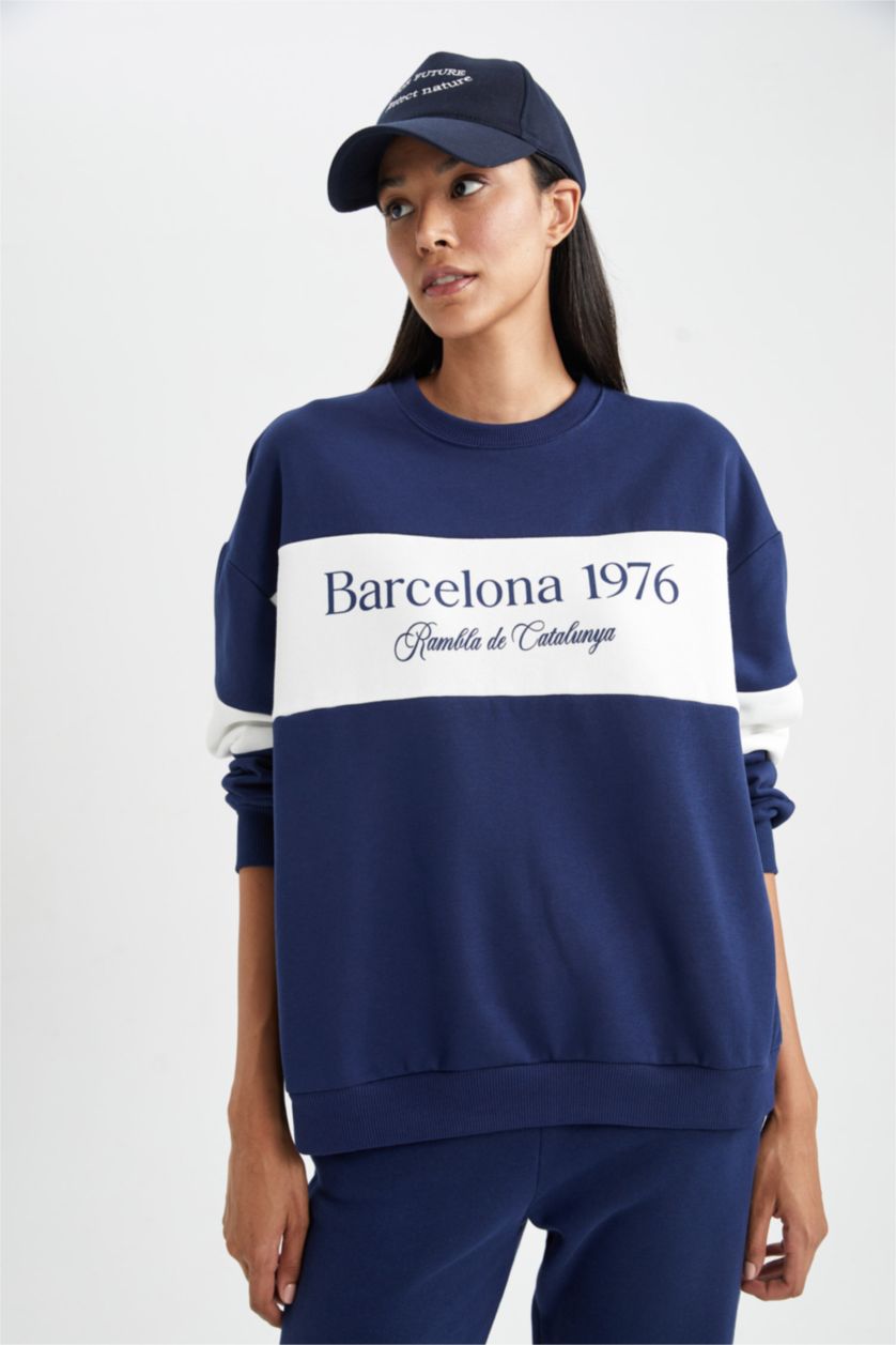 Жіночий Синій Світшот свободного крою з круглим вирізом з принтом з товстої тканини для жінок