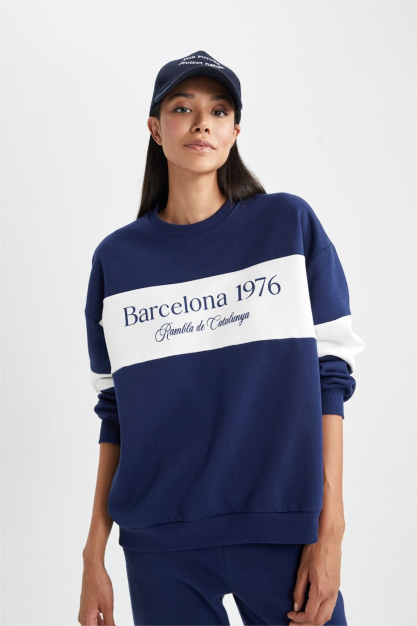 Жіночий Синій Світшот свободного крою з круглим вирізом з принтом з товстої тканини для жінок