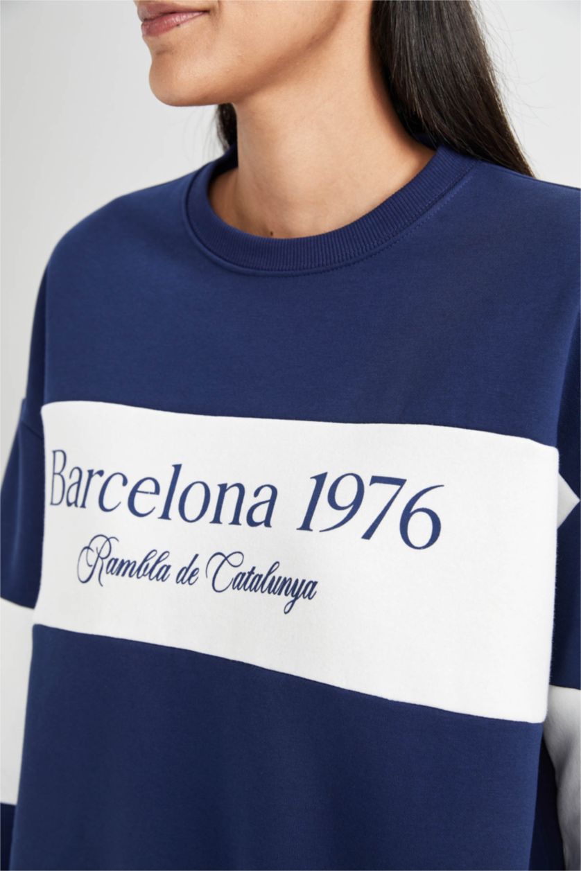 Жіночий Синій Світшот свободного крою з круглим вирізом з принтом з товстої тканини для жінок