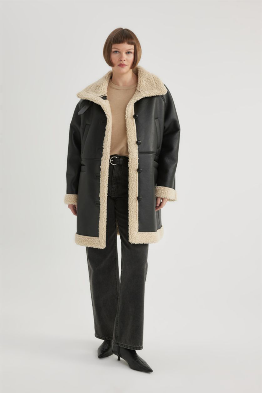 نساء أسود جاكيت جلد صناعي قصة عادية مبطن بفرو