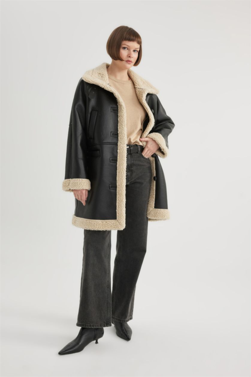 نساء أسود جاكيت جلد صناعي قصة عادية مبطن بفرو