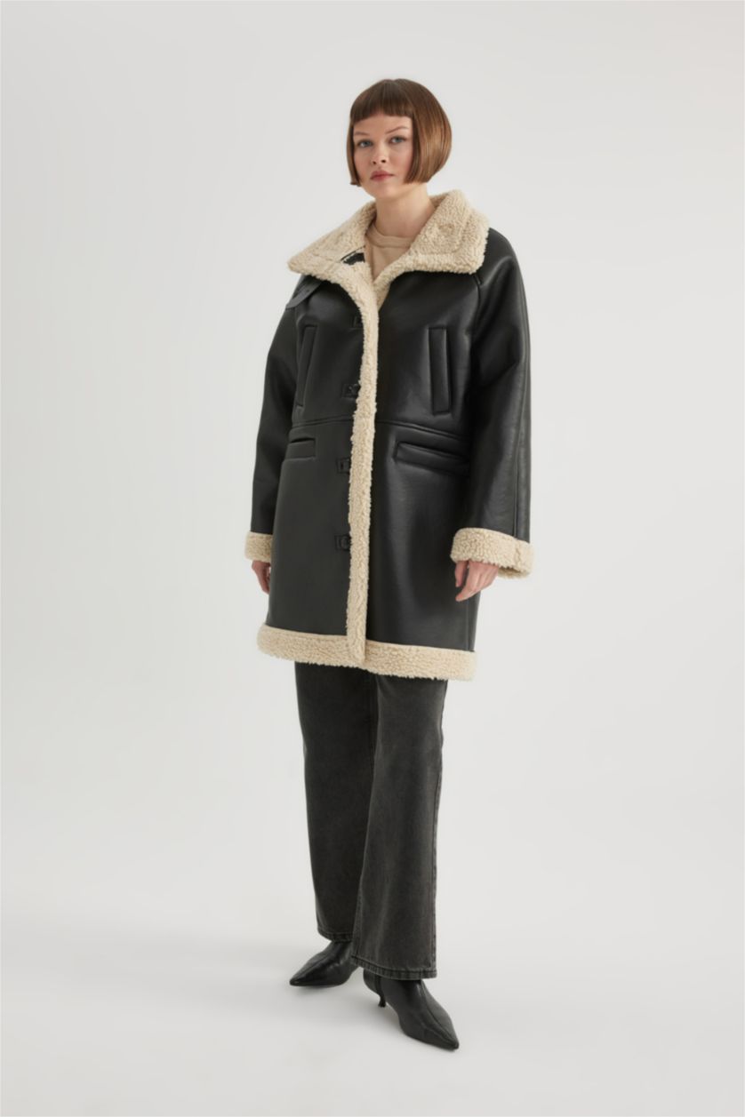 نساء أسود جاكيت جلد صناعي قصة عادية مبطن بفرو