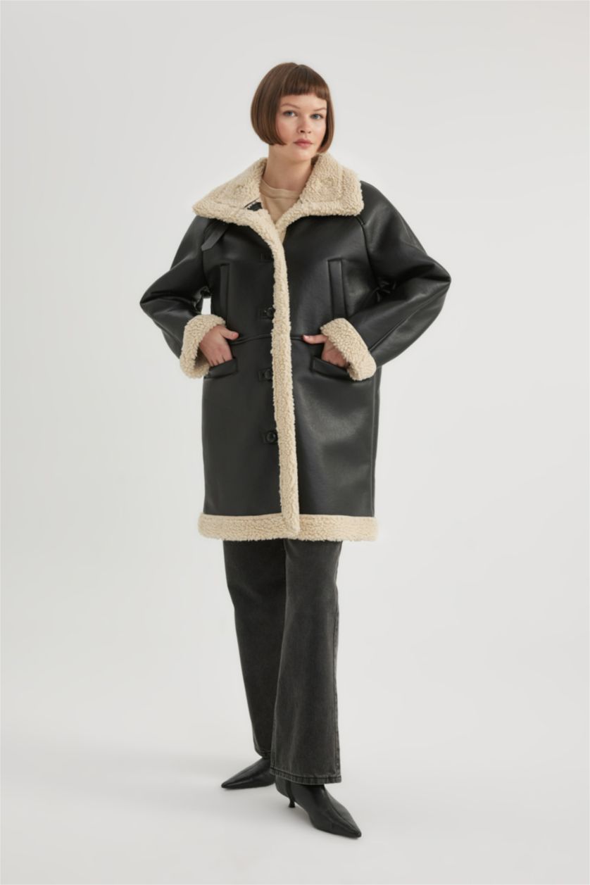 نساء أسود جاكيت جلد صناعي قصة عادية مبطن بفرو