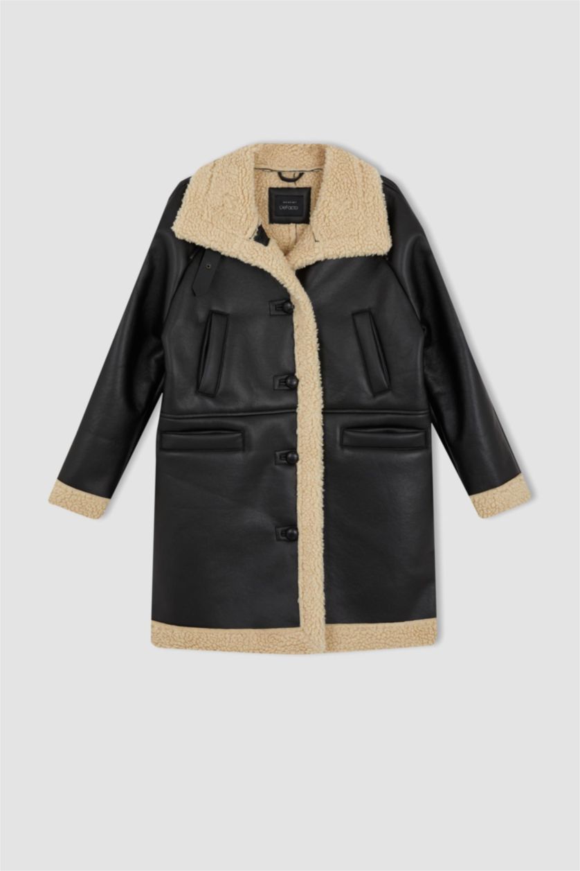 نساء أسود جاكيت جلد صناعي قصة عادية مبطن بفرو