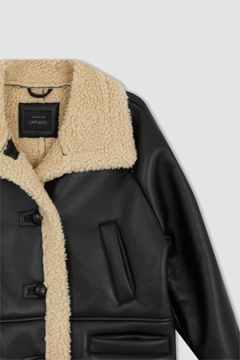 نساء أسود جاكيت جلد صناعي قصة عادية مبطن بفرو