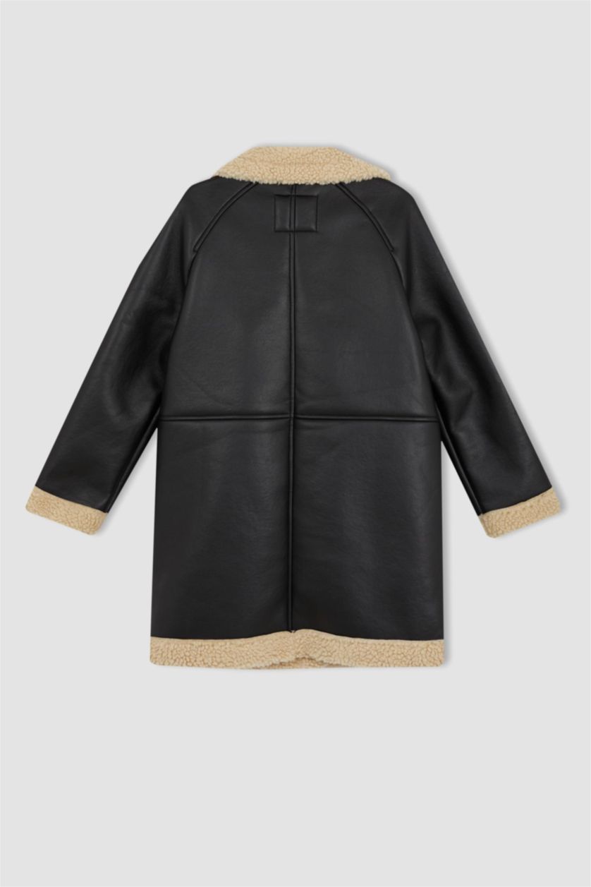 نساء أسود جاكيت جلد صناعي قصة عادية مبطن بفرو