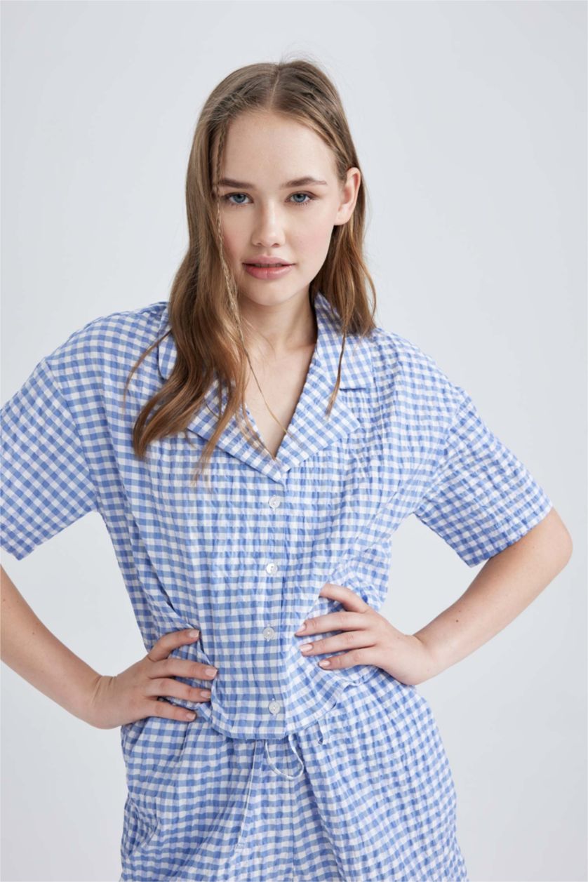 Woman Blue Oversize Fit Pyjamas Collar Crinkle Short Sleeve Shirt