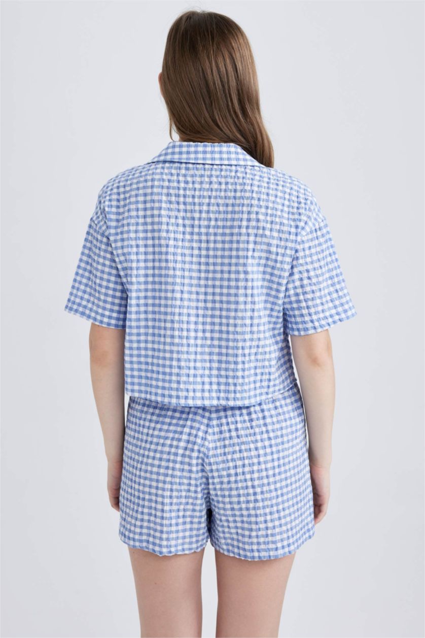Woman Blue Oversize Fit Pyjamas Collar Crinkle Short Sleeve Shirt