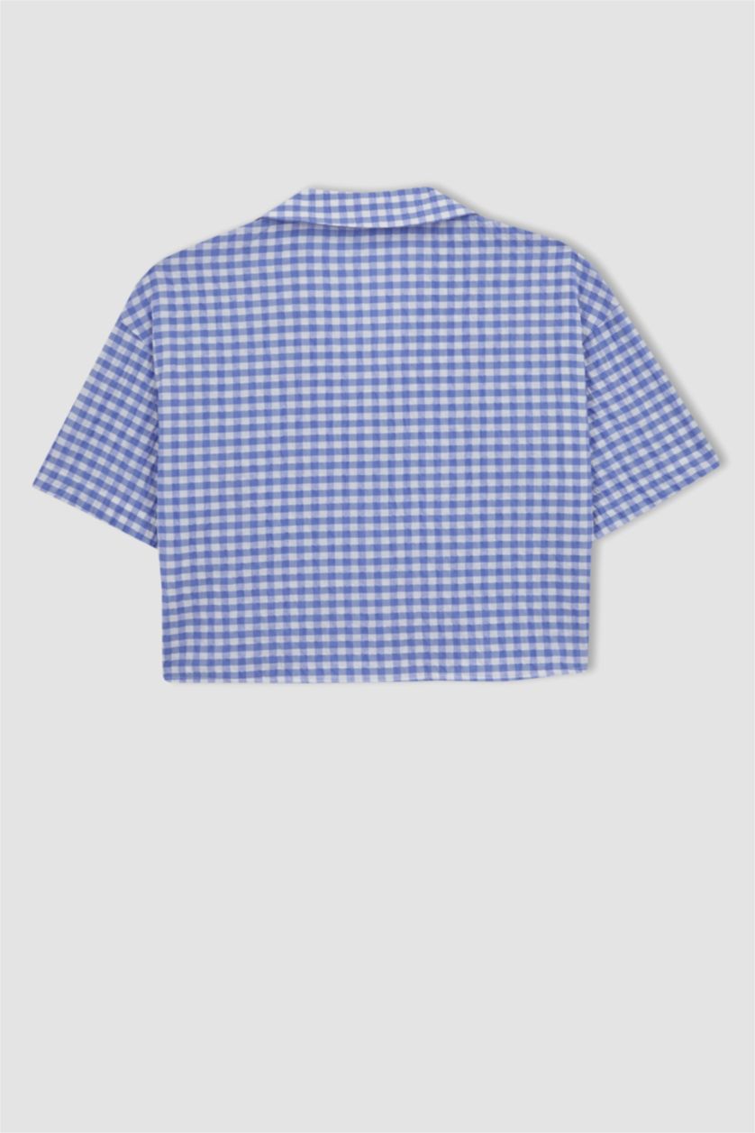 Woman Blue Oversize Fit Pyjamas Collar Crinkle Short Sleeve Shirt