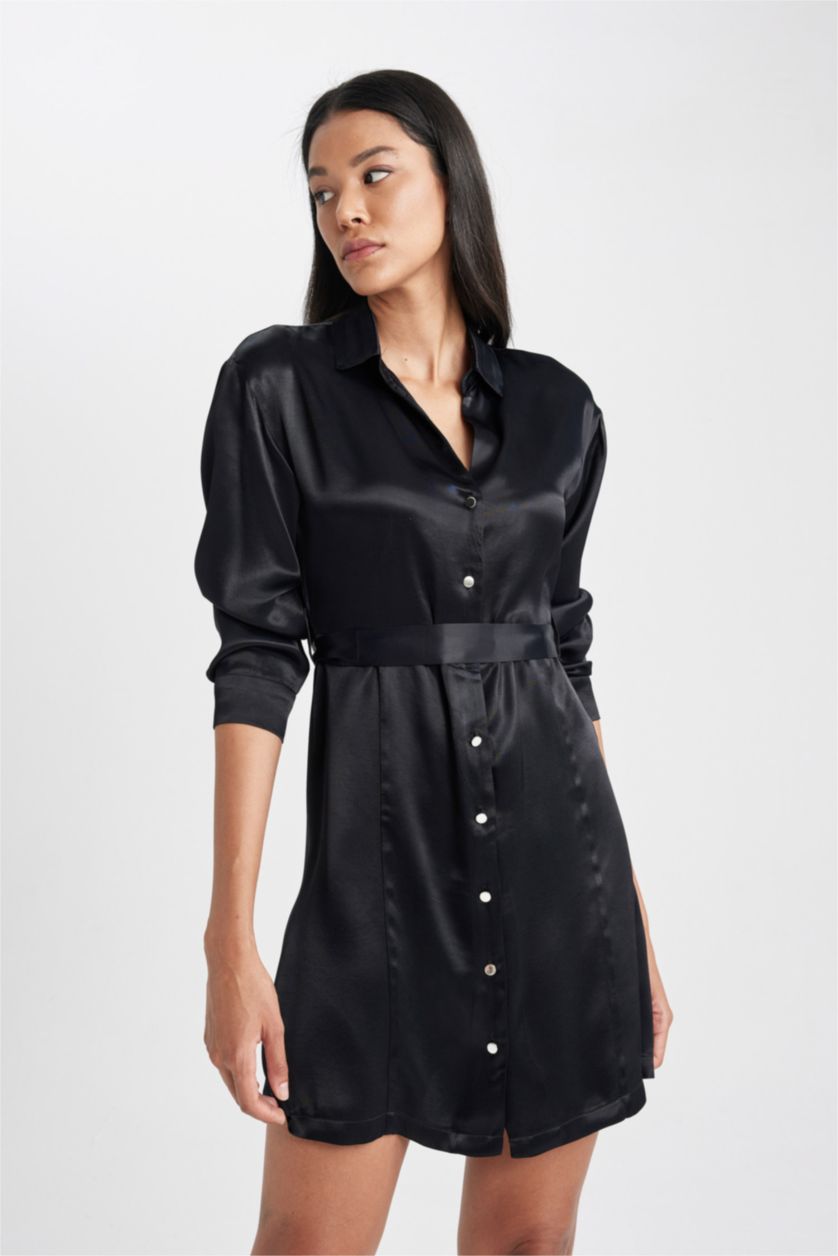 حريمي أسود فستان ستان قصير كم طويل برقبة قميص وحزام