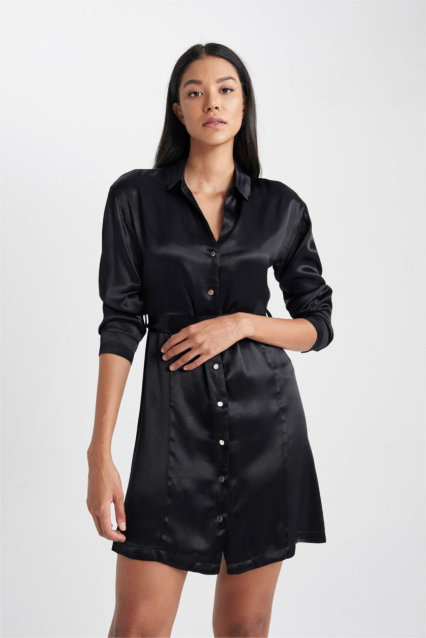 حريمي أسود فستان ستان قصير كم طويل برقبة قميص وحزام