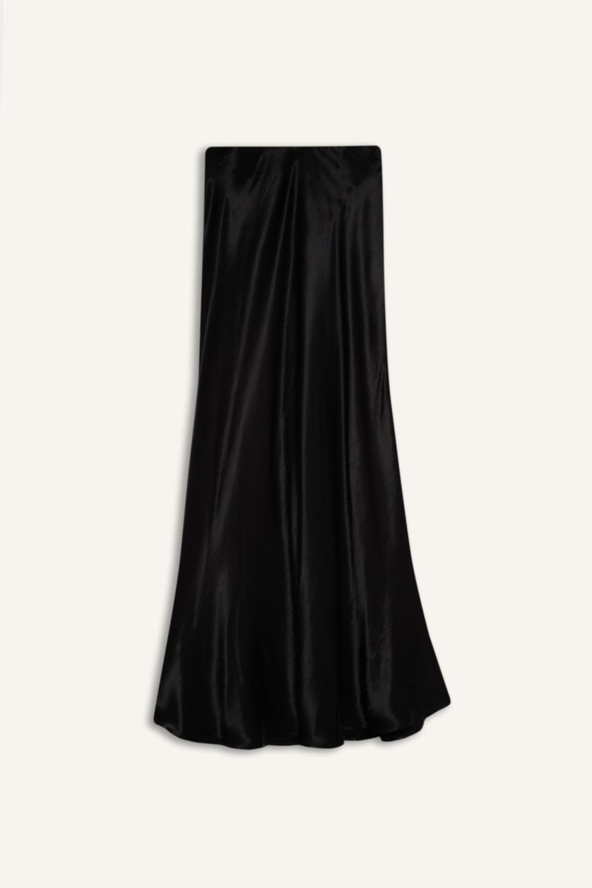 Kadın Siyah A Kesim Normal Bel Saten Midi Etek