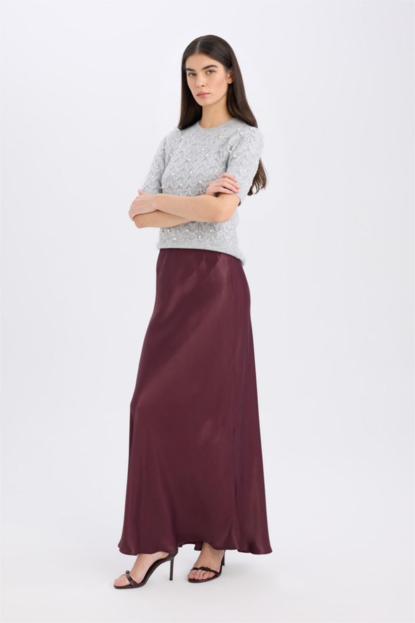 Kadın Bordo A Kesim Normal Bel Saten Midi Etek