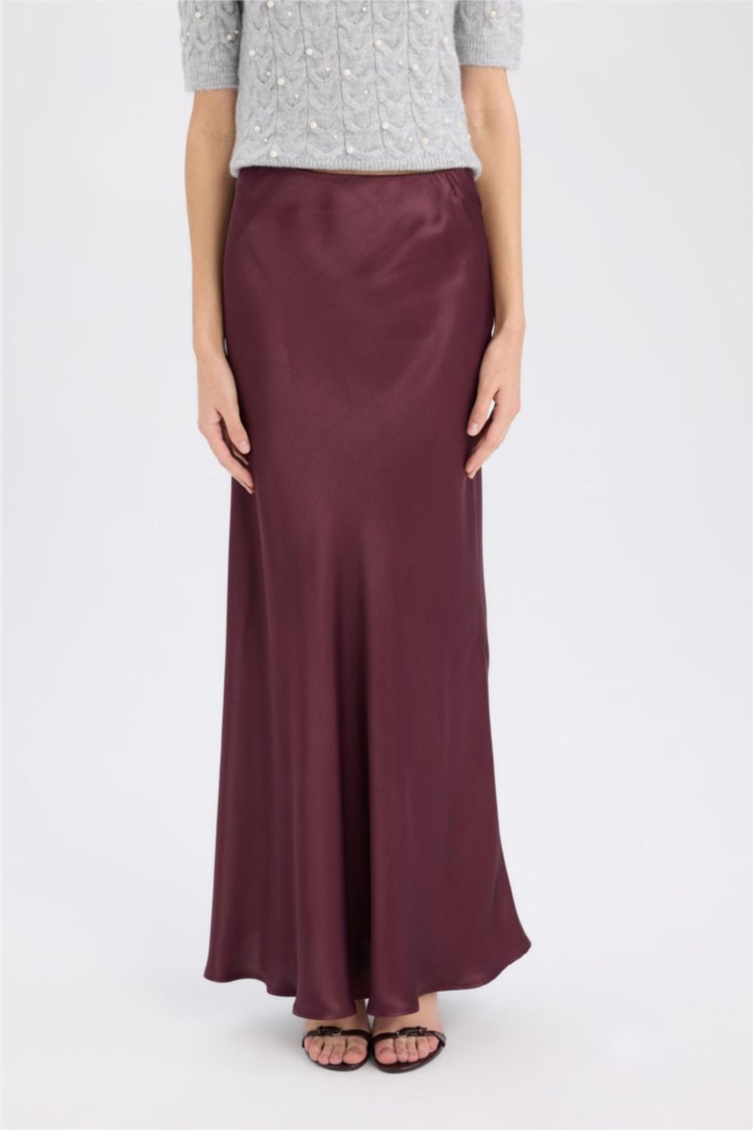 Kadın Bordo A Kesim Normal Bel Saten Midi Etek