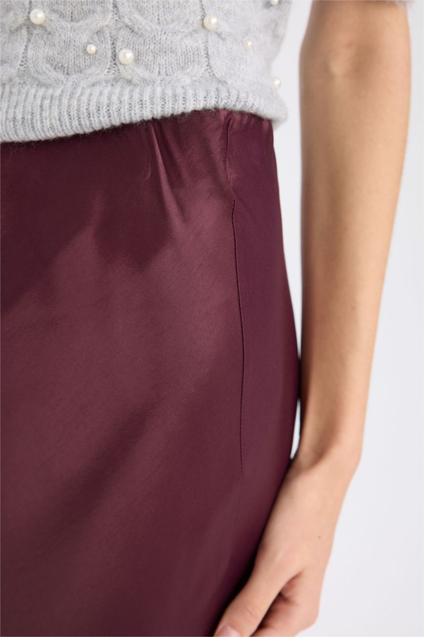 Kadın Bordo A Kesim Normal Bel Saten Midi Etek