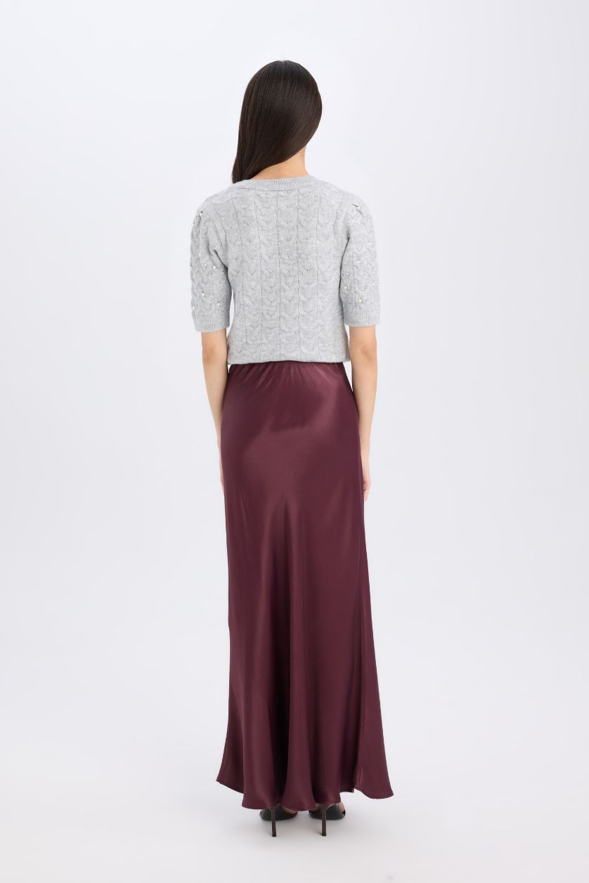 Kadın Bordo A Kesim Normal Bel Saten Midi Etek