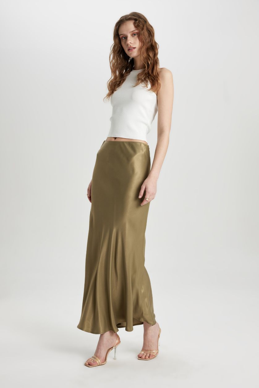 Kadın Haki A Kesim Normal Bel Saten Midi Etek