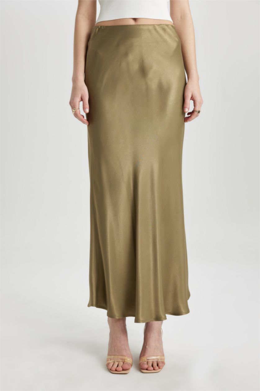 Kadın Haki A Kesim Normal Bel Saten Midi Etek