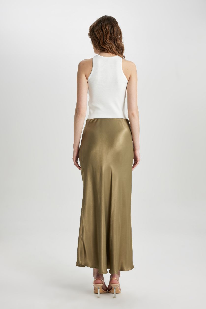 Kadın Haki A Kesim Normal Bel Saten Midi Etek