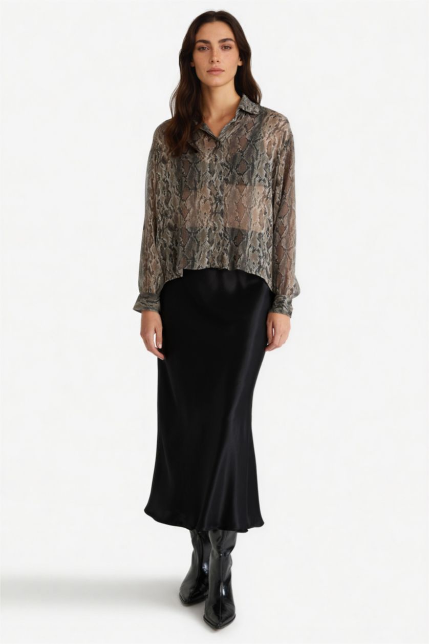 WOMAN Black A Cut Satin Normal Waist Midi Skirt