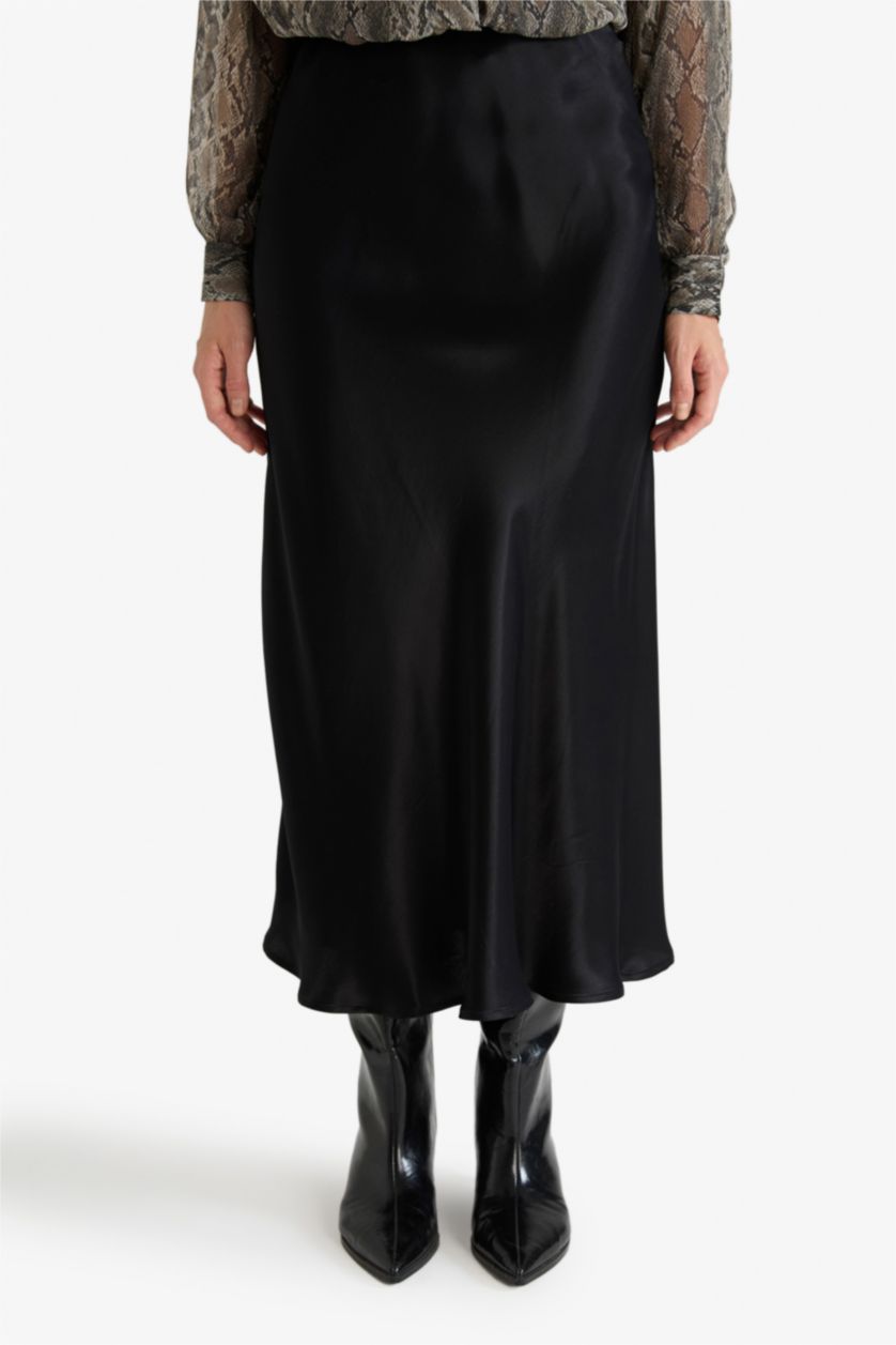 WOMAN Black A Cut Satin Normal Waist Midi Skirt