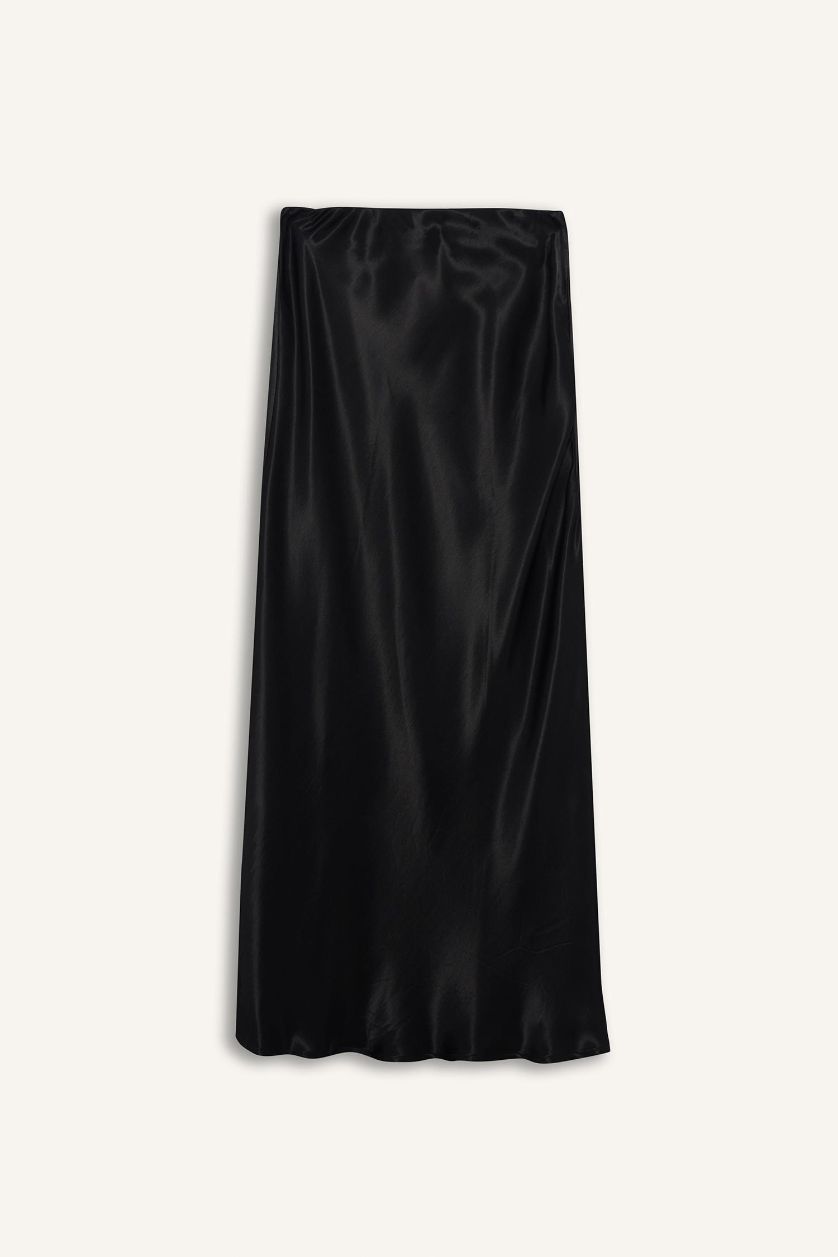 WOMAN Black A Cut Satin Normal Waist Midi Skirt