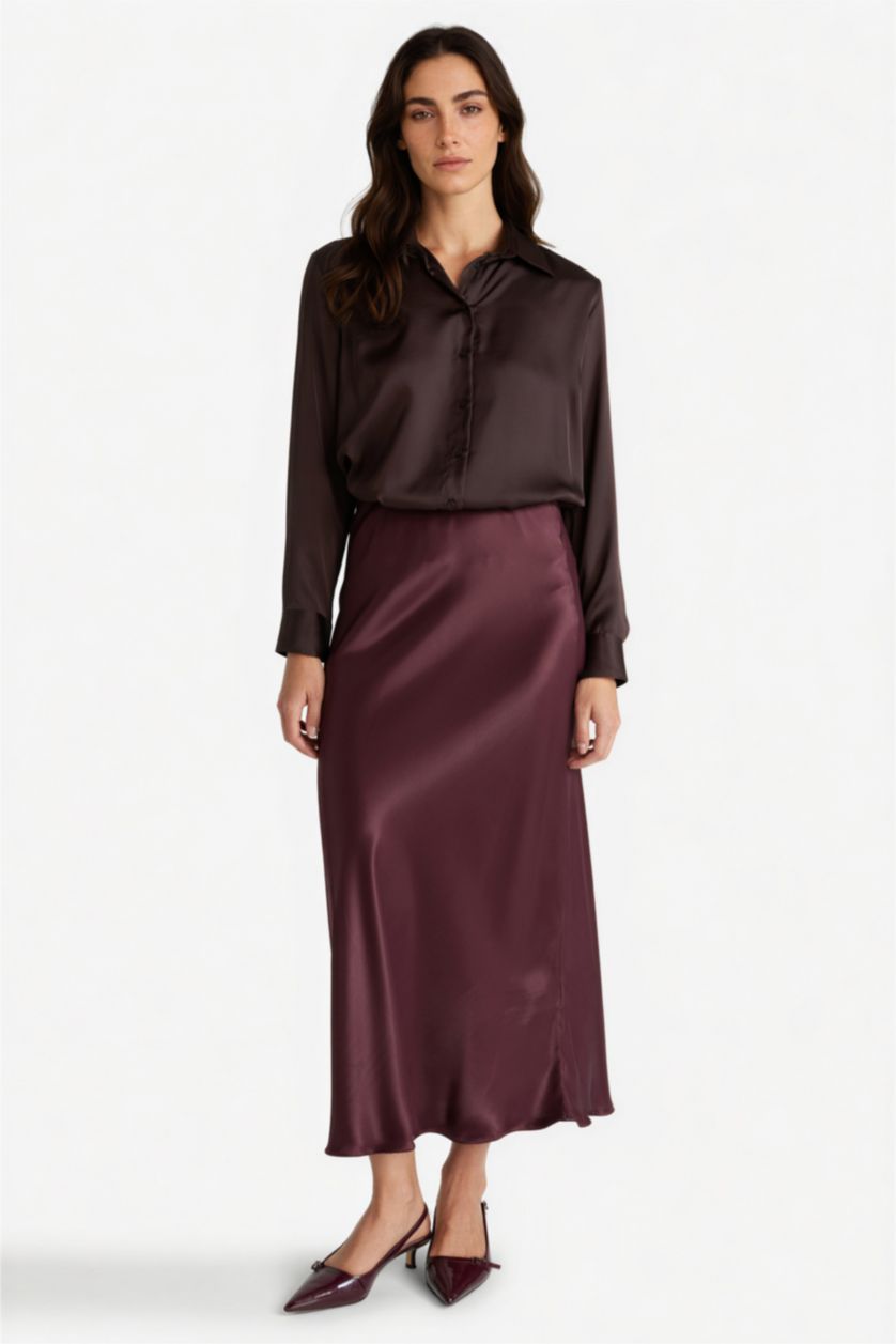 Kadın Bordo A Kesim Normal Bel Saten Midi Etek