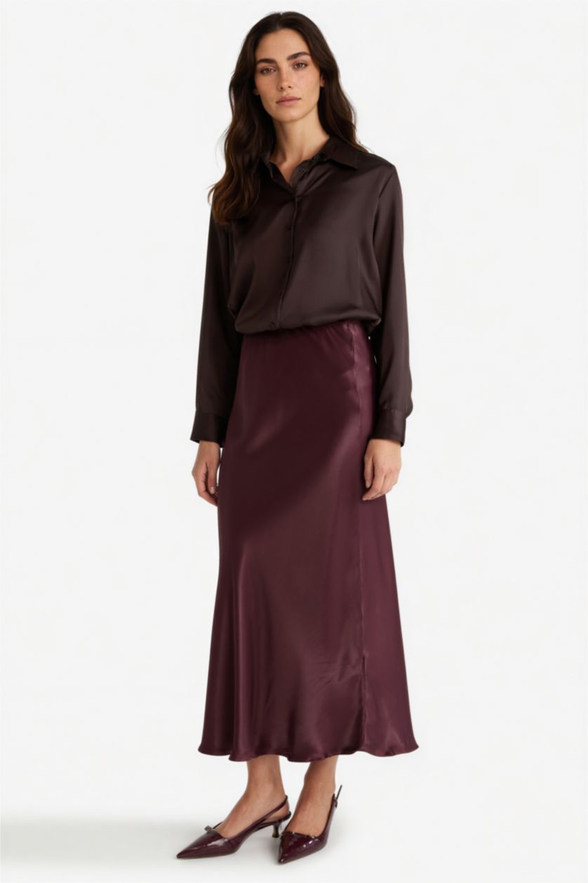 Kadın Bordo A Kesim Normal Bel Saten Midi Etek