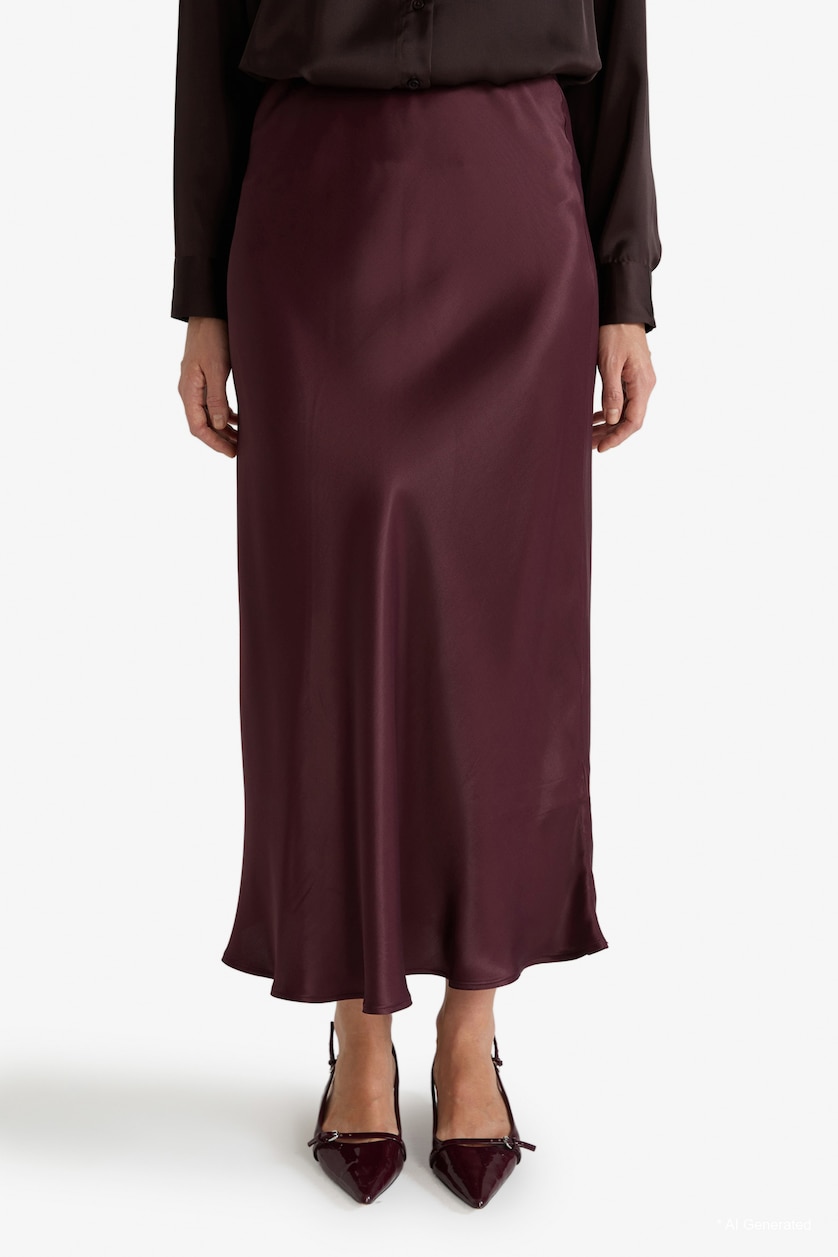Kadın Bordo A Kesim Normal Bel Saten Midi Etek