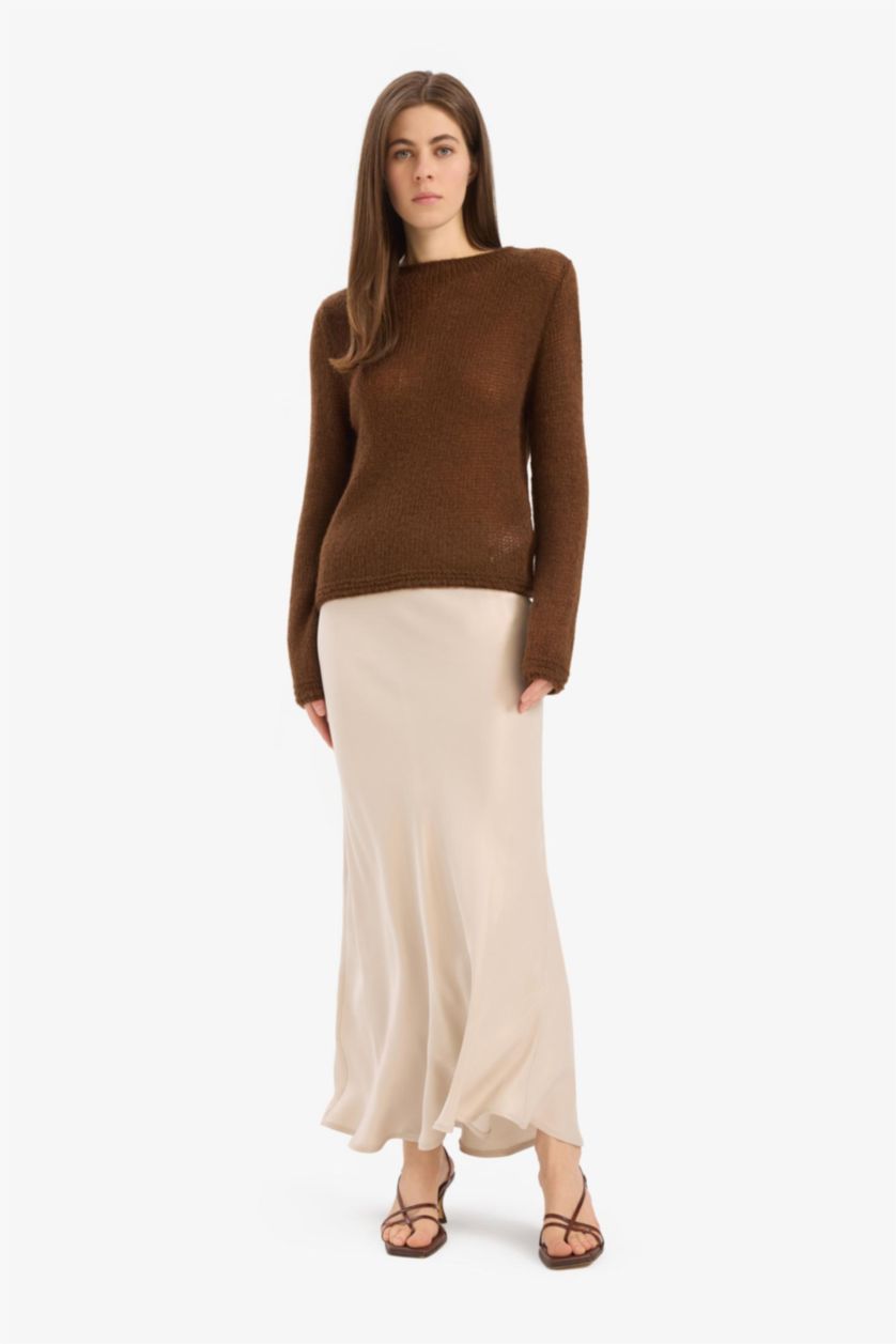 Kadın Bej A Kesim Normal Bel Saten Midi Etek