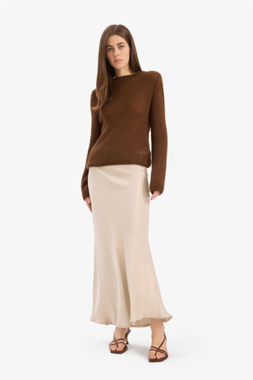 Kadın Bej A Kesim Normal Bel Saten Midi Etek